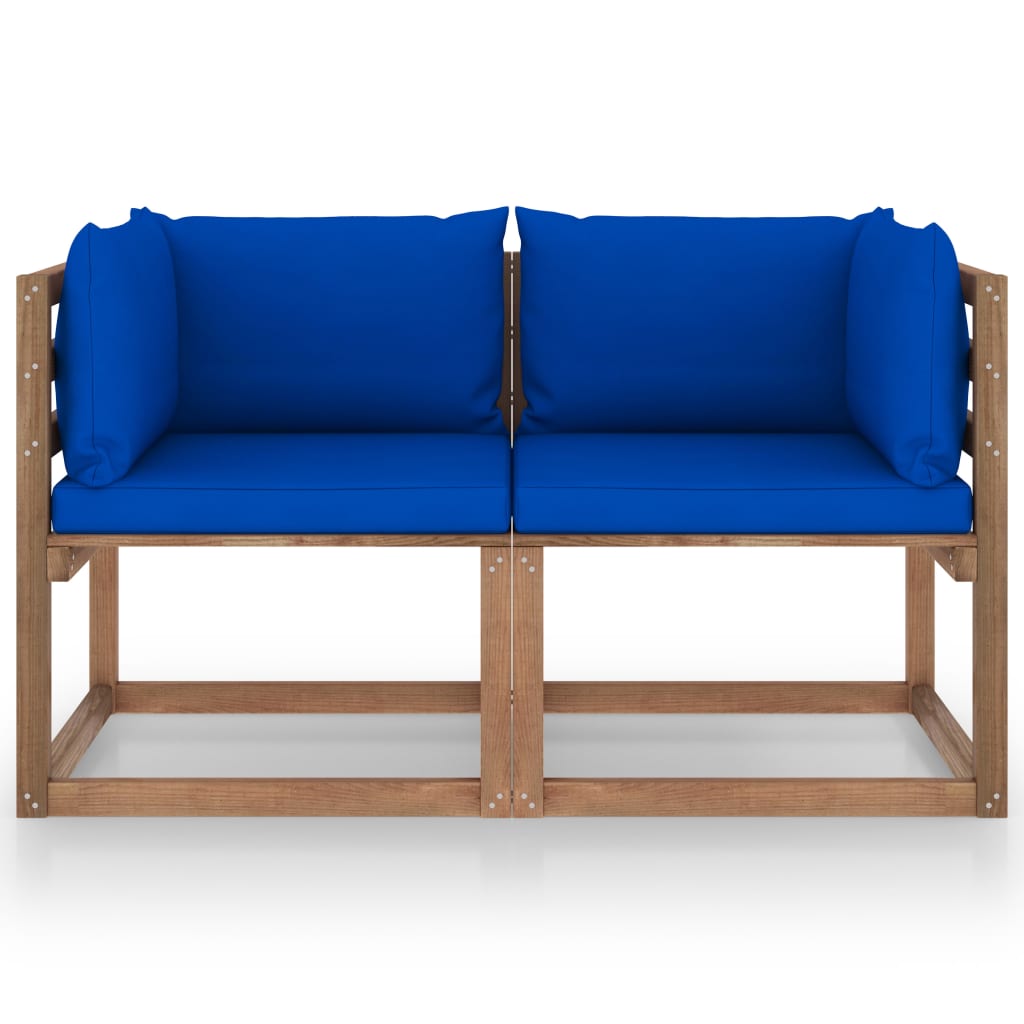 Garten-Palettensofa 2-Sitzer mit Kissen Blau Kiefernholz