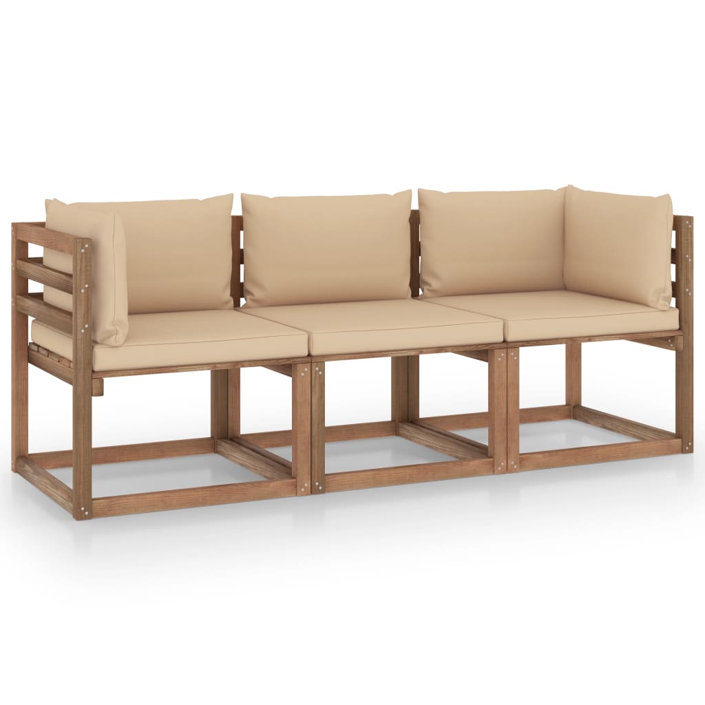 Garten-Palettensofa 3-Sitzer mit Kissen Beige Kiefernholz