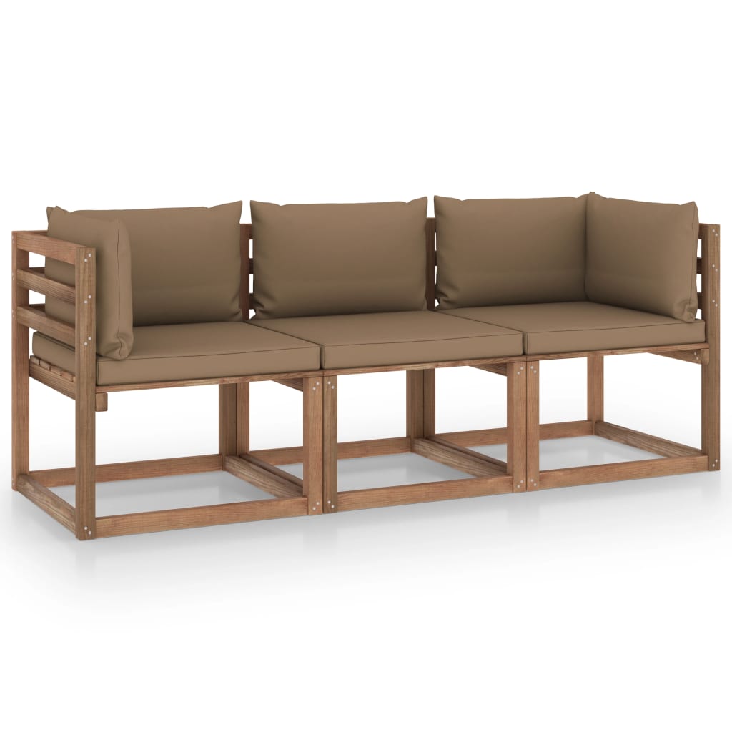 Garten-Palettensofa 3-Sitzer mit Kissen Taupe Kiefernholz