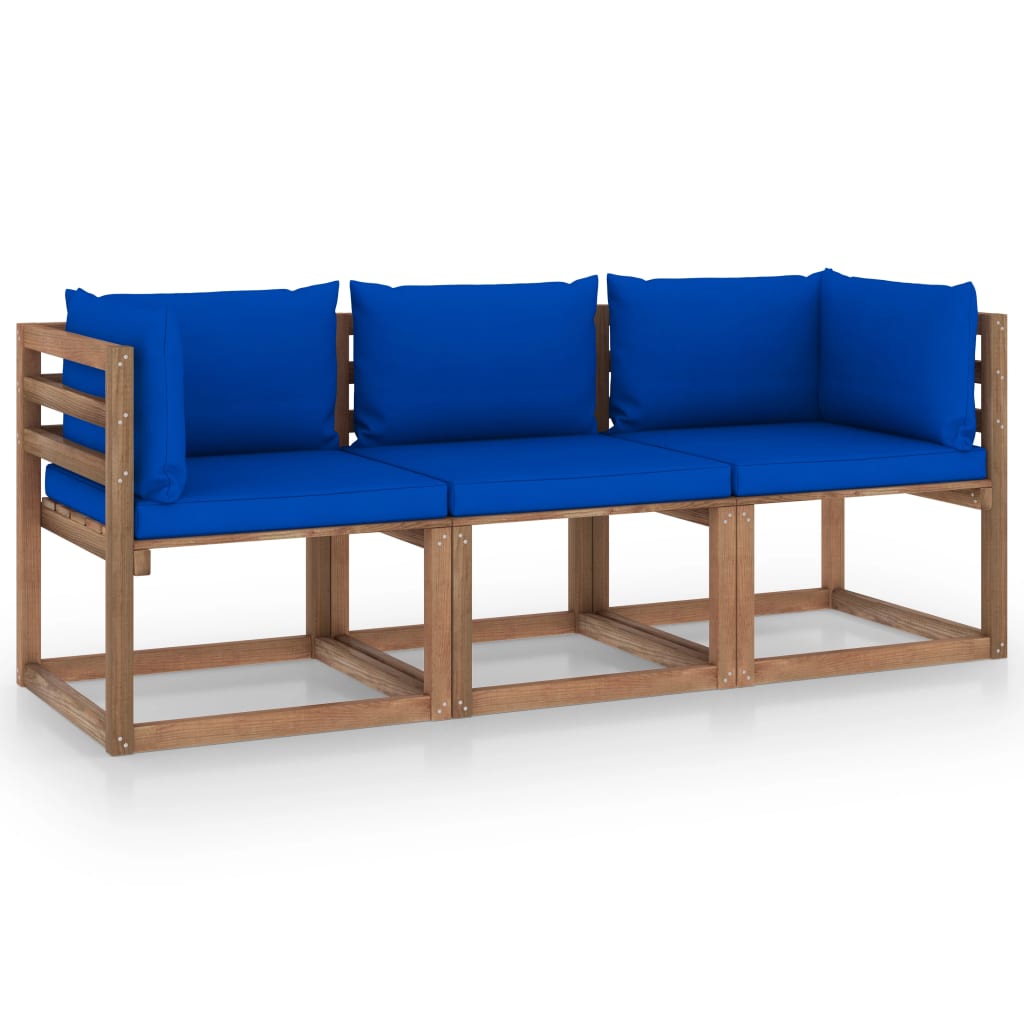 Garten-Palettensofa 3-Sitzer mit Kissen Blau Kiefernholz