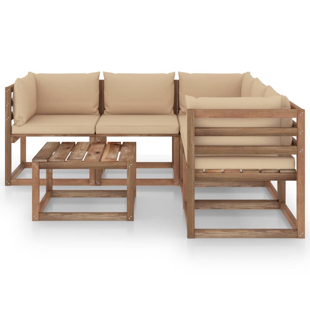 6-tlg. Garten-Lounge-Set Kissen Beige Kiefer Imprägniert
