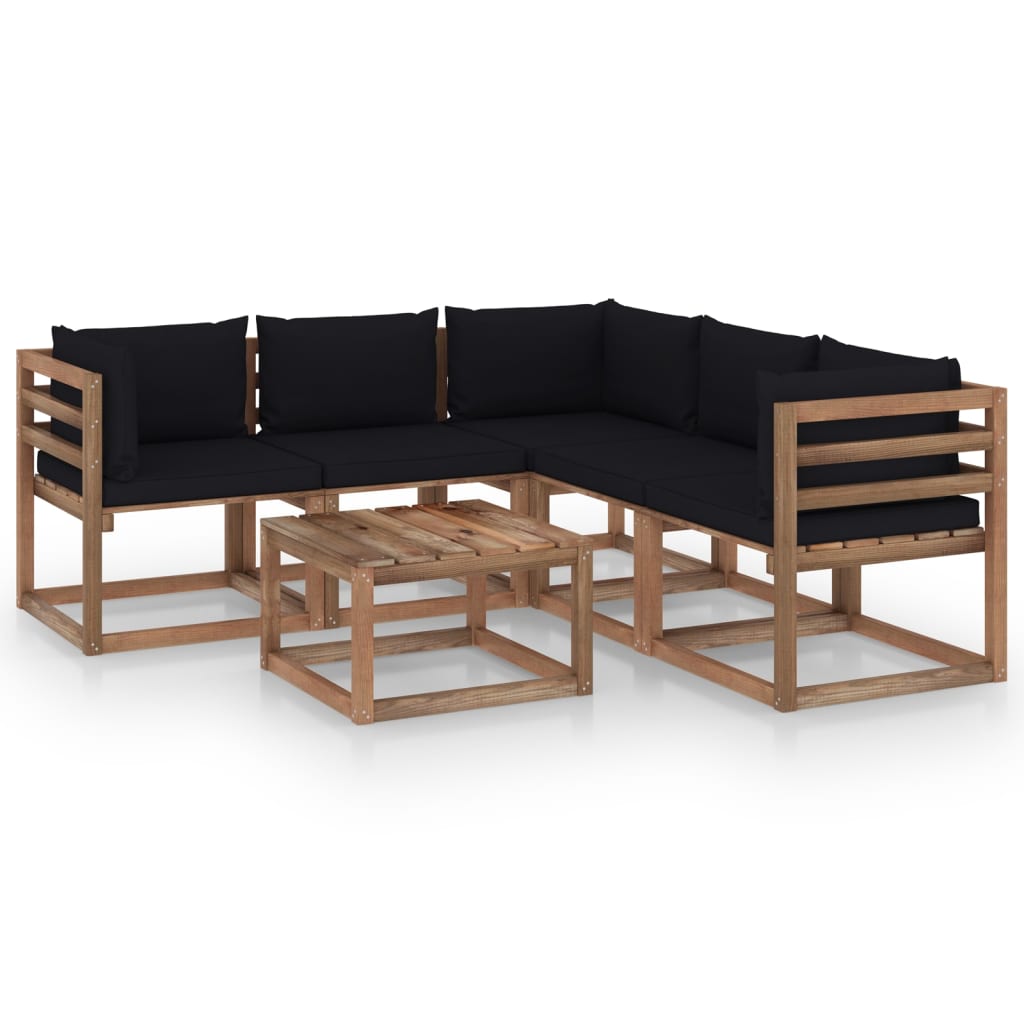 6-tlg. Garten-Lounge-Set Kissen Schwarz Kiefer Imprägniert