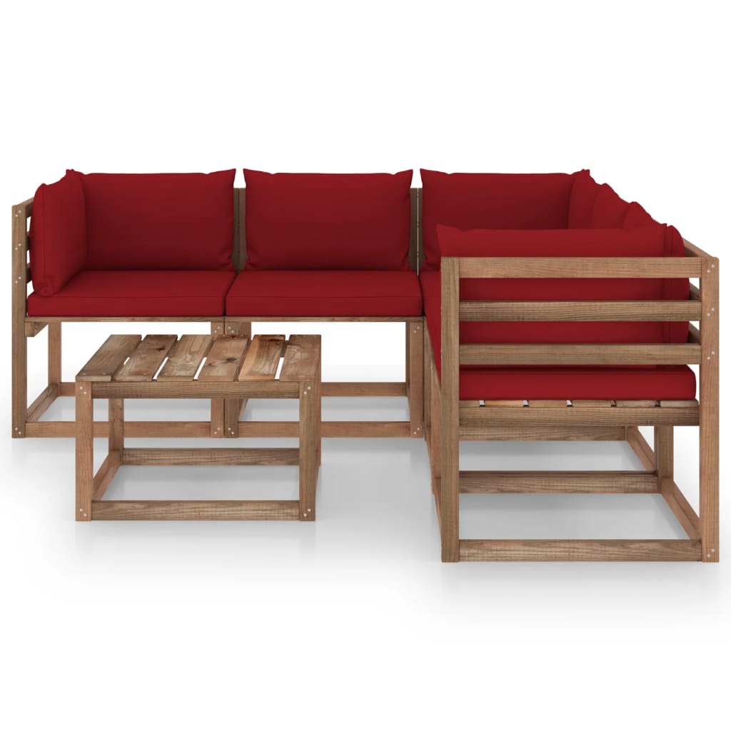 6-tlg. Garten-Lounge-Set Kissen Weinrot Kiefer Imprägniert