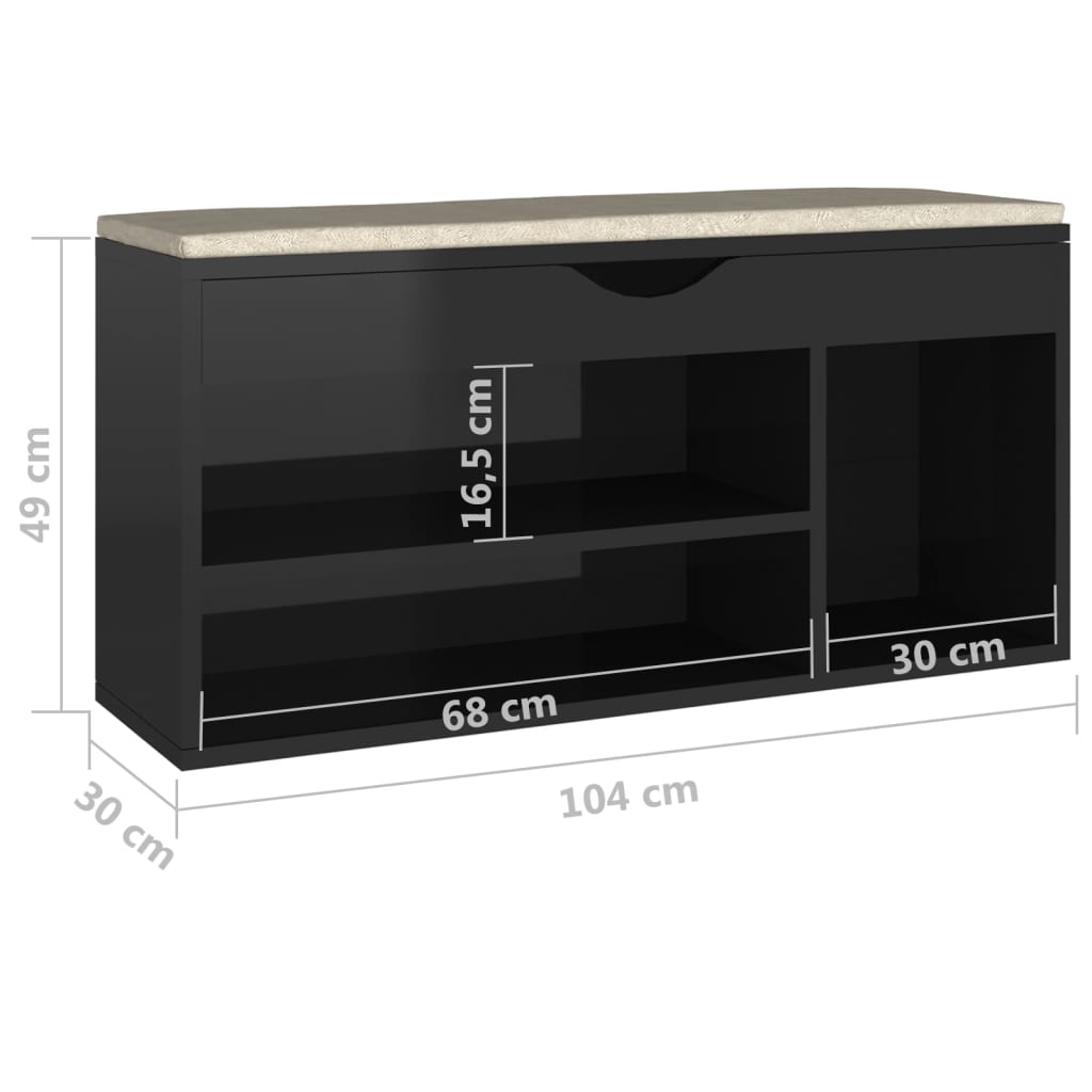 Schuhbank mit Kissen Hochglanz-Schwarz 104x30x49 cm Spanplatte