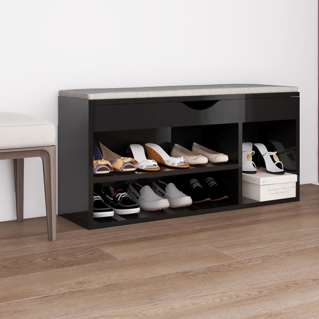 Schuhbank mit Kissen Hochglanz-Schwarz 104x30x49 cm Spanplatte