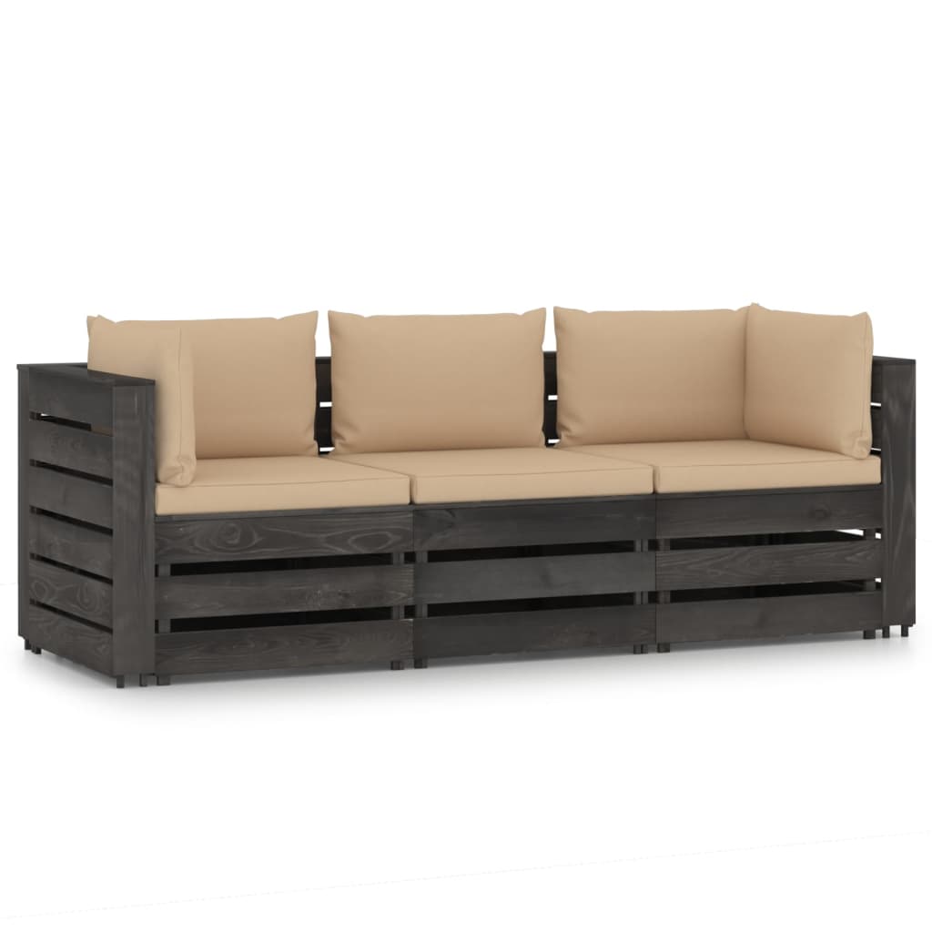 3-Sitzer-Gartensofa mit Kissen Grau Imprägniertes Holz