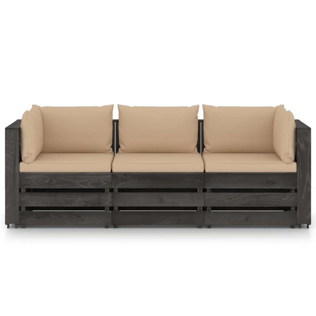 3-Sitzer-Gartensofa mit Kissen Grau Imprägniertes Holz