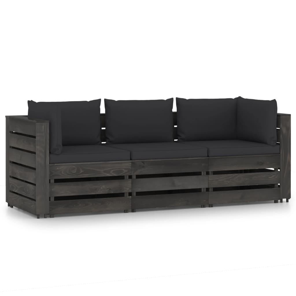 3-Sitzer-Gartensofa mit Kissen Grau Imprägniertes Holz