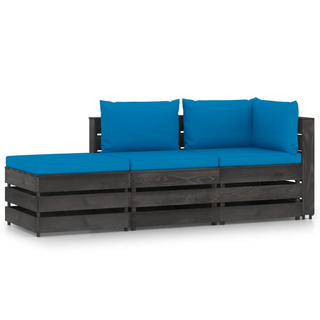 3-tlg. Garten-Lounge-Set mit Kissen Grau Imprägniertes Holz
