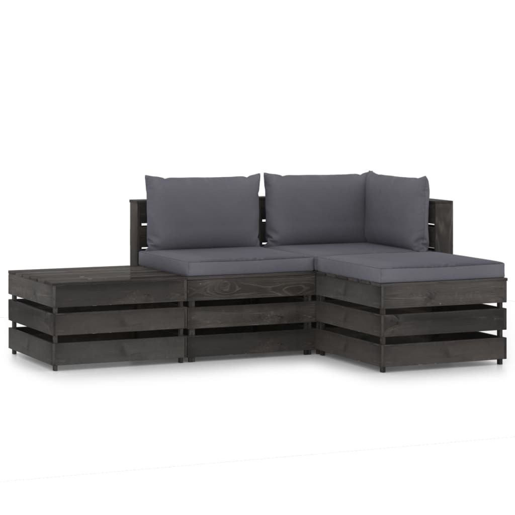 4-tlg. Garten-Lounge-Set mit Kissen Grau Imprägniertes Holz
