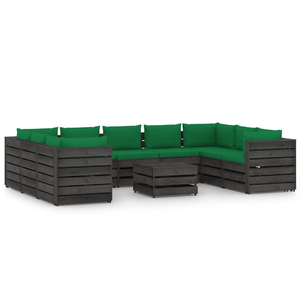 10-tlg. Garten-Lounge-Set mit Kissen Grau Imprägniertes Holz