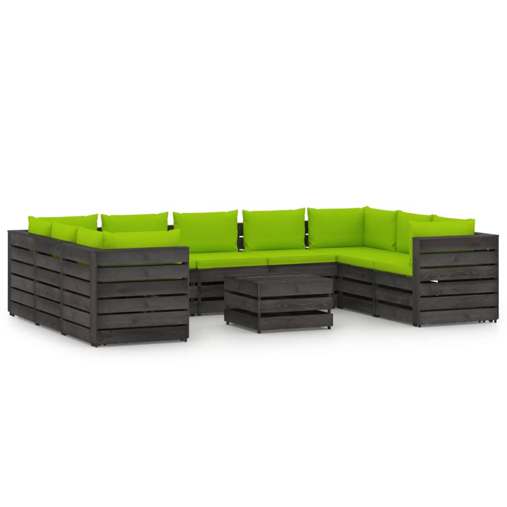 10-tlg. Garten-Lounge-Set mit Kissen Grau Imprägniertes Holz