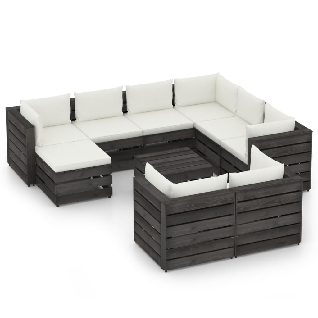 10-tlg. Garten-Lounge-Set mit Kissen Grau Imprägniertes Holz