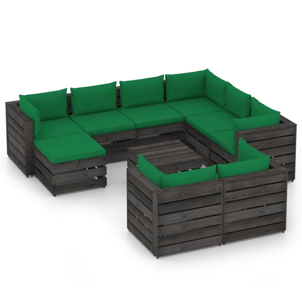 10-tlg. Garten-Lounge-Set mit Kissen Grau Imprägniertes Holz