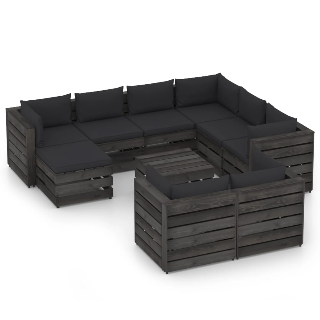 10-tlg. Garten-Lounge-Set mit Kissen Grau Imprägniertes Holz
