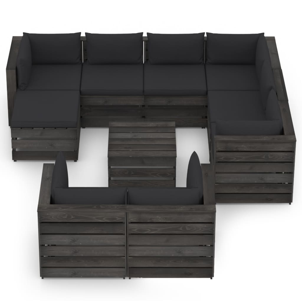 10-tlg. Garten-Lounge-Set mit Kissen Grau Imprägniertes Holz