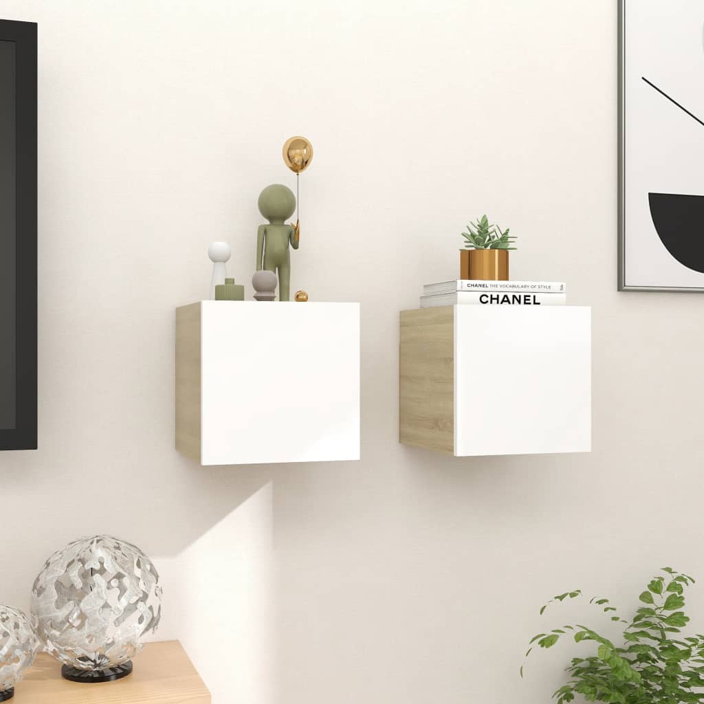 TV-Wandschränke 2 Stk. Weiß Sonoma-Eiche 30,5x30x30 cm