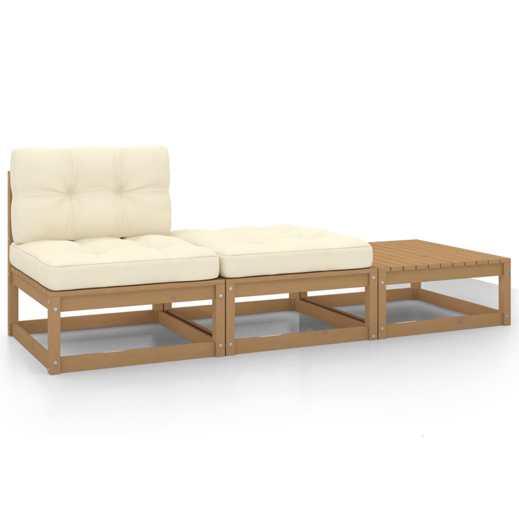3-tlg. Garten-Lounge-Set Kissen Honigbraun Massivholz Kiefer