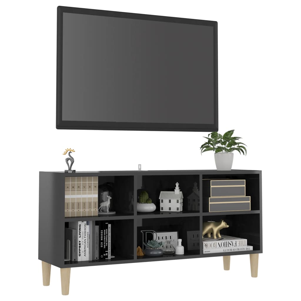TV-Schrank mit Massivholz-Beinen Hochglanz-Grau 103,5x30x50 cm