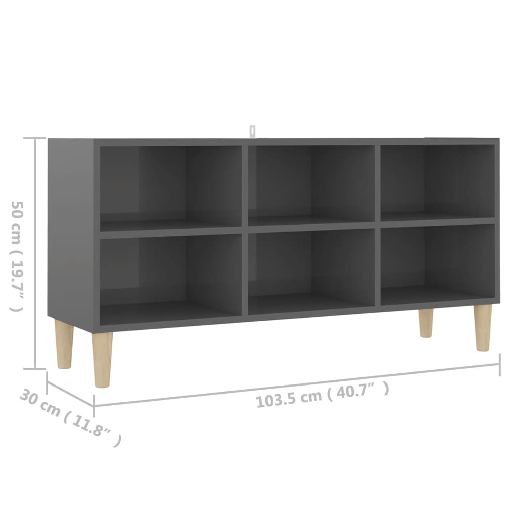 TV-Schrank mit Massivholz-Beinen Hochglanz-Grau 103,5x30x50 cm