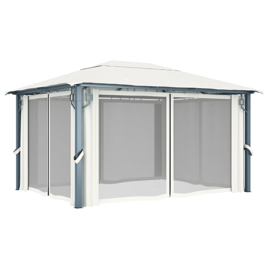 Pavillon mit Vorhängen & LED-Lichterkette 400x300 cm Creme Alu