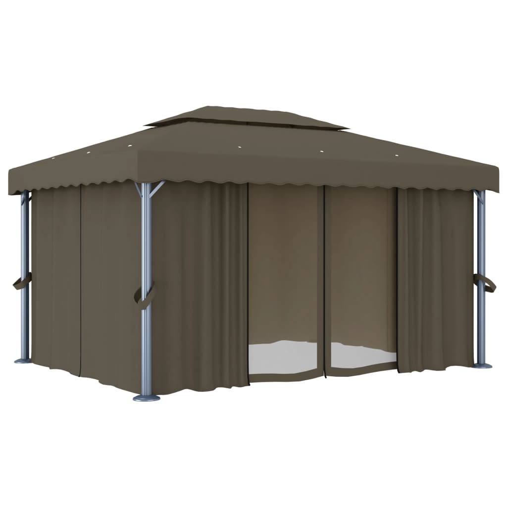 Pavillon mit Vorhängen & LED-Lichterkette 4x3 m Taupe