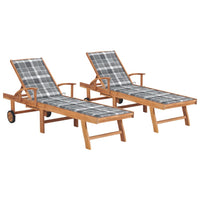 Thumbnail for Sonnenliegen 2 Stk. Auflagen Graues Karomuster Massivholz Teak