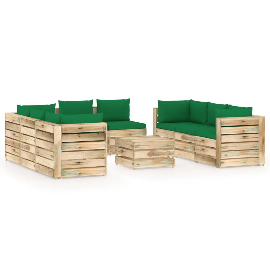 9-tlg. Garten-Lounge-Set mit Kissen Grün Imprägniertes Holz