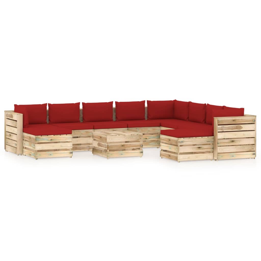 11-tlg. Garten-Lounge-Set mit Kissen Grün Imprägniertes Holz