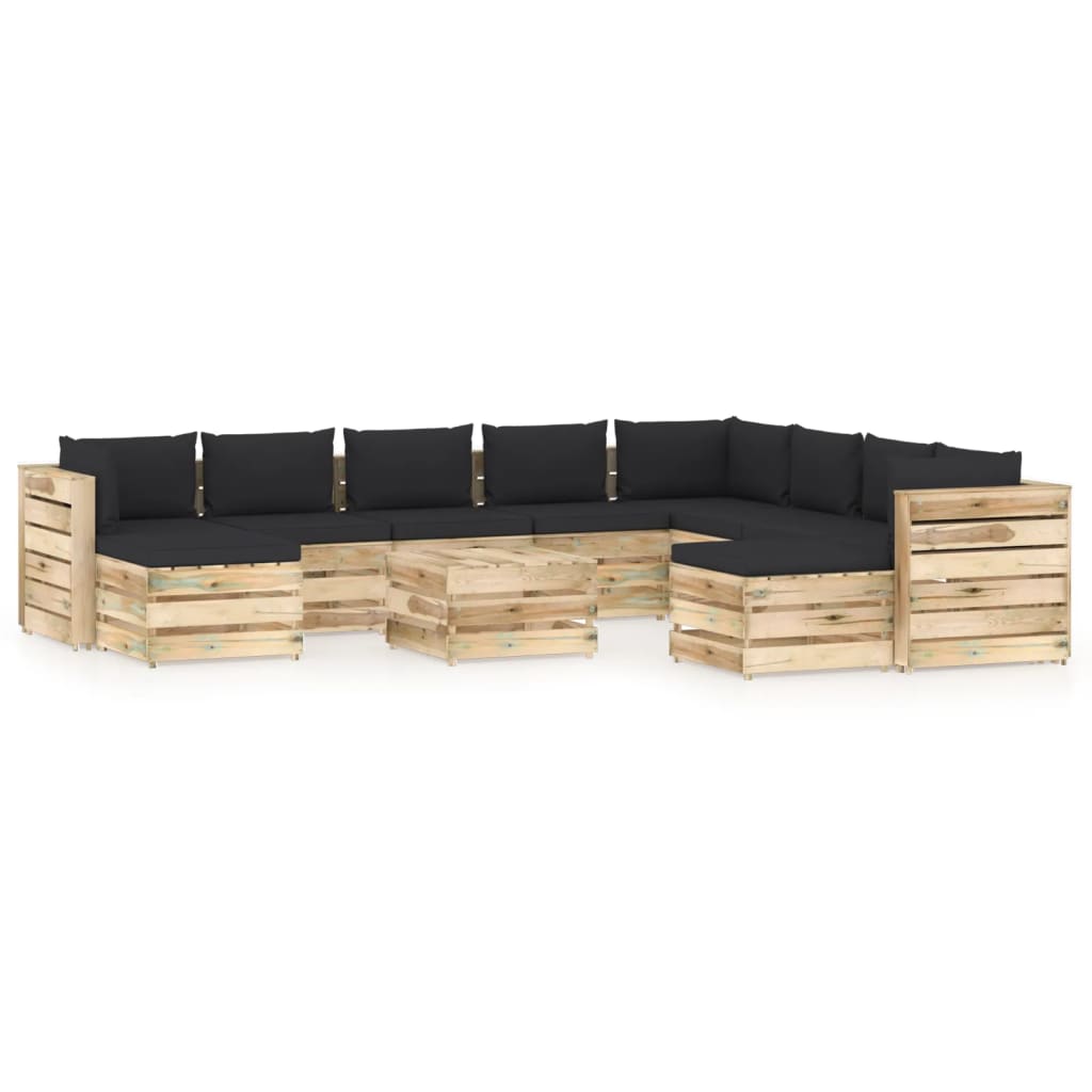 11-tlg. Garten-Lounge-Set mit Kissen Grün Imprägniertes Holz