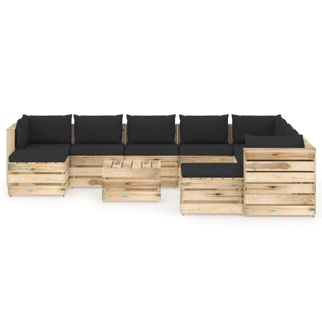 11-tlg. Garten-Lounge-Set mit Kissen Grün Imprägniertes Holz
