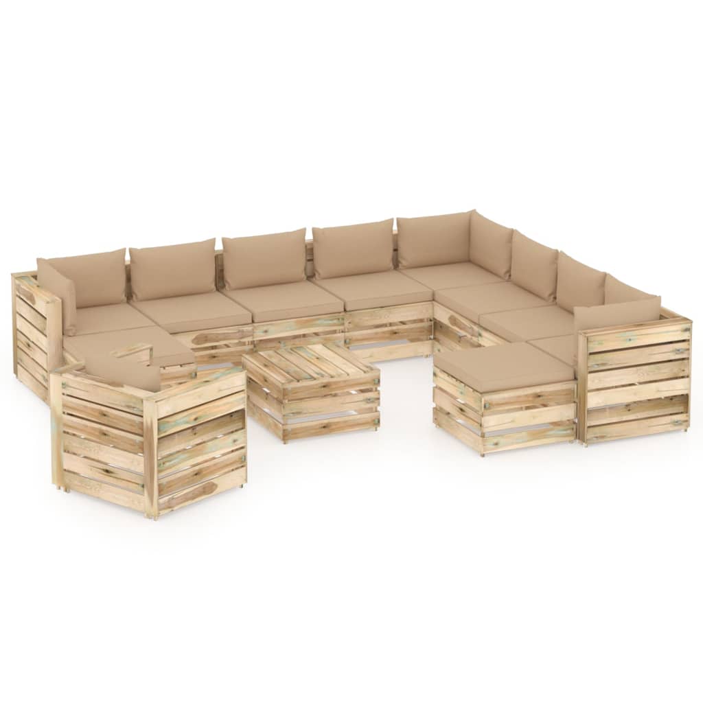 12-tlg. Garten-Lounge-Set mit Kissen Grün Imprägniertes Holz
