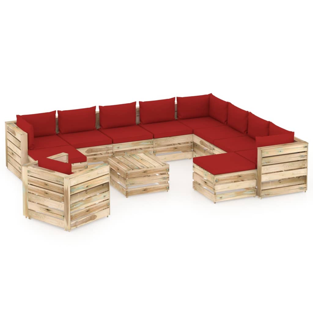 12-tlg. Garten-Lounge-Set mit Kissen Grün Imprägniertes Holz