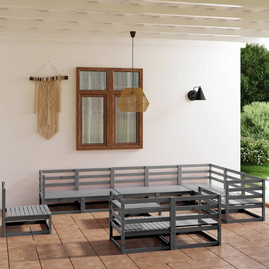11-tlg. Garten-Lounge-Set Grau Kiefer Massivholz