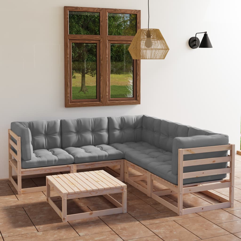 6-tlg. Garten-Lounge-Set mit Kissen Massivholz Kiefer