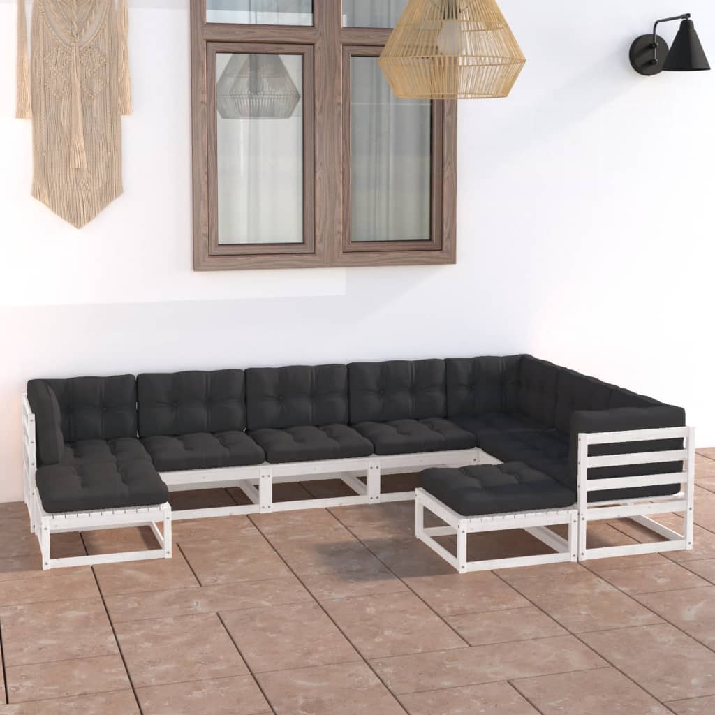 9-tlg. Garten-Lounge-Set mit Kissen Weiß Kiefer Massivholz