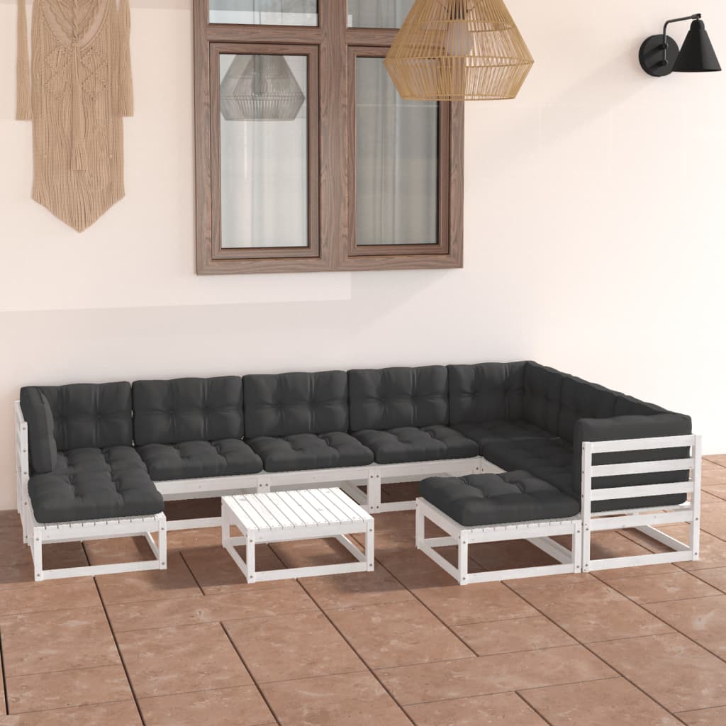 10-tlg. Garten-Lounge-Set mit Kissen Weiß Kiefer Massivholz