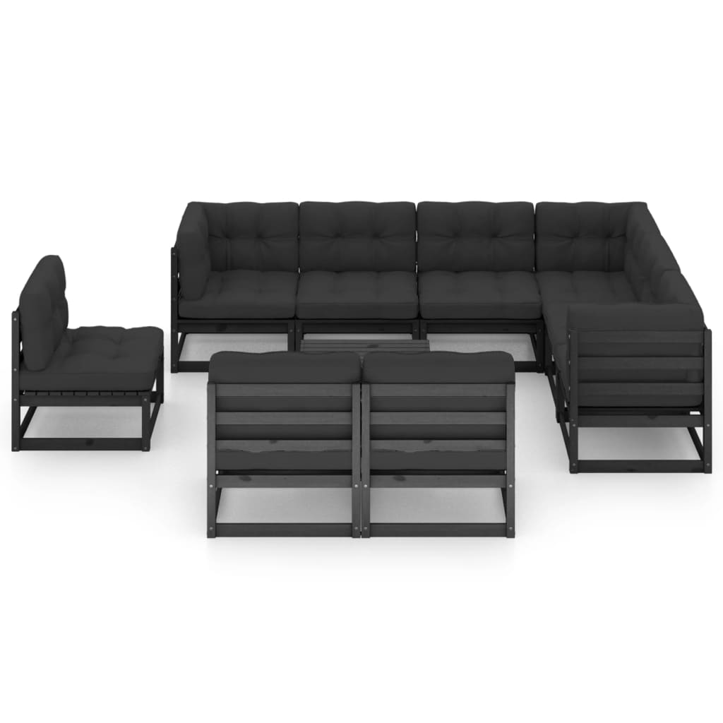 10-tlg. Garten-Lounge-Set mit Kissen Schwarz Kiefer Massivholz