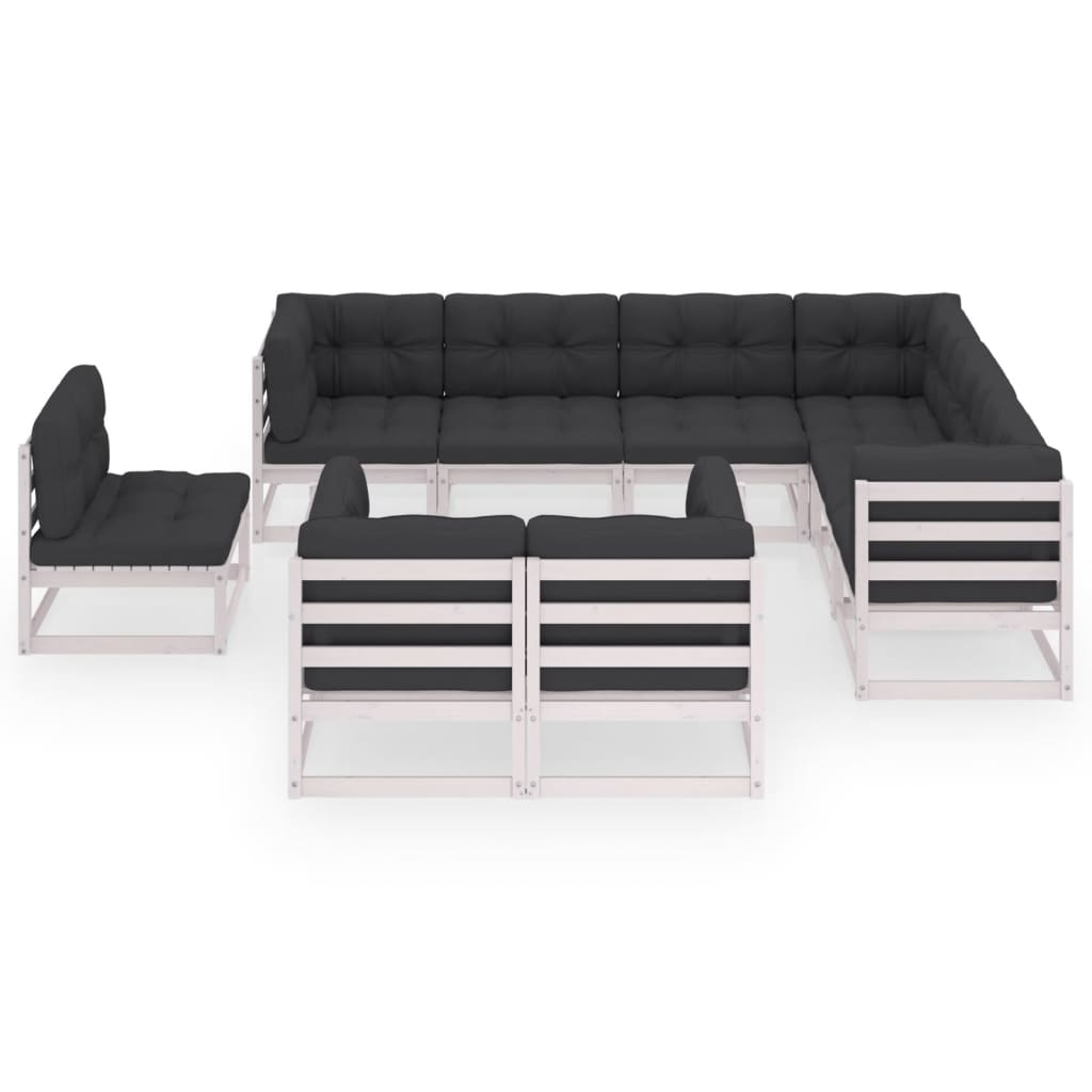 9-tlg. Garten-Lounge-Set mit Kissen Weiß Kiefer Massivholz