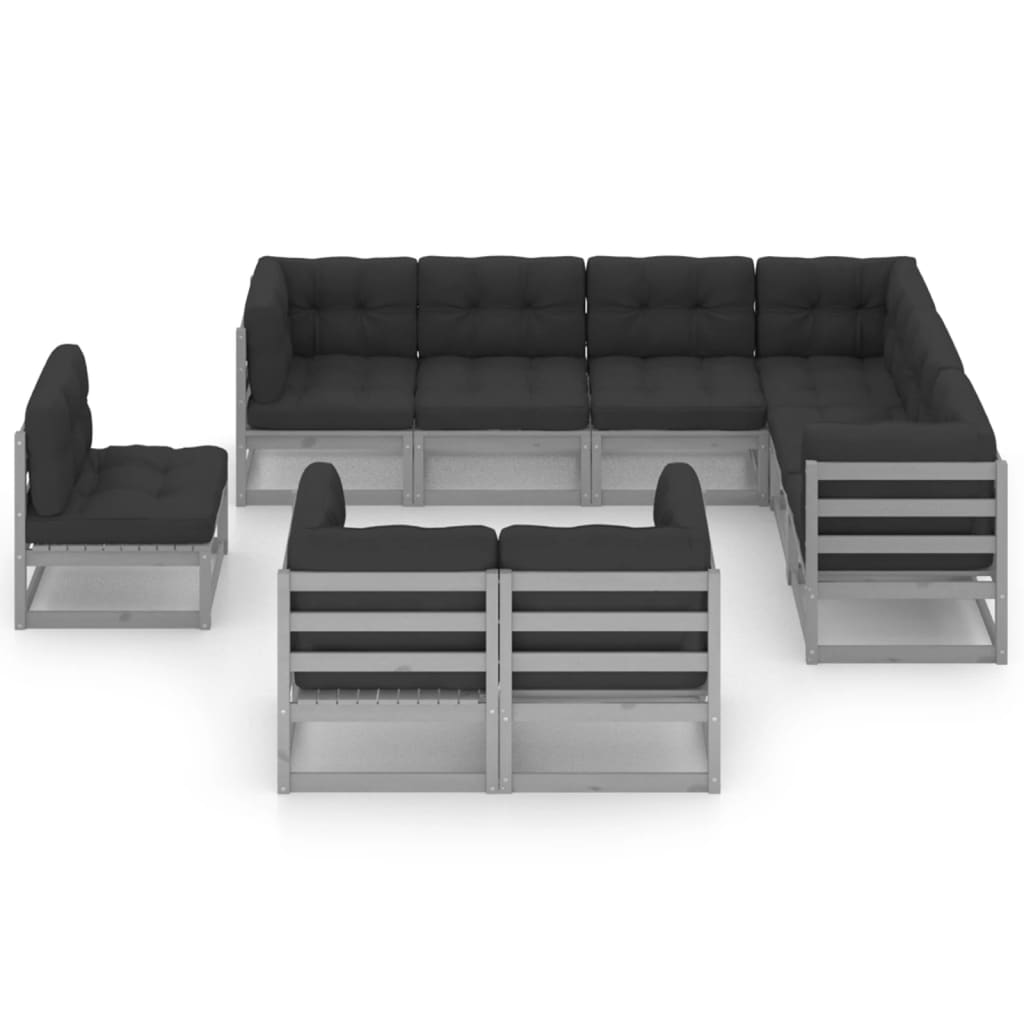 9-tlg. Garten-Lounge-Set mit Kissen Grau Kiefer Massivholz