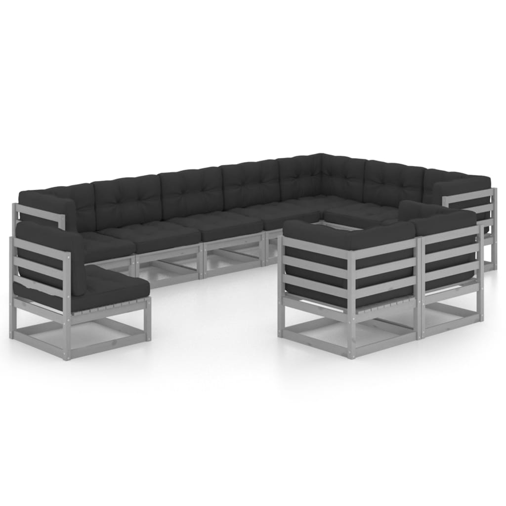 10-tlg. Garten-Lounge-Set mit Kissen Grau Kiefer Massivholz