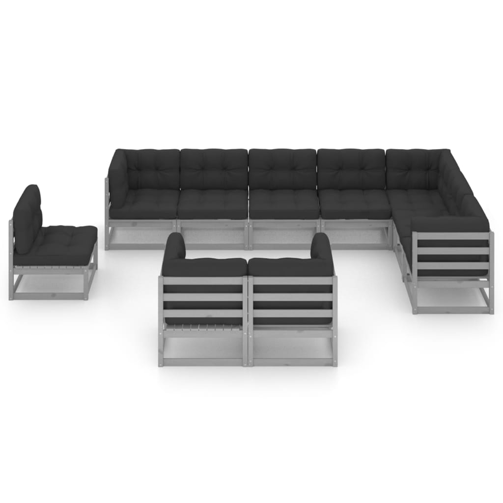 10-tlg. Garten-Lounge-Set mit Kissen Grau Kiefer Massivholz
