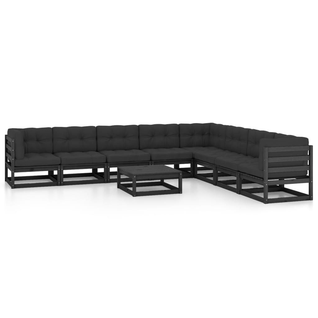 9-tlg. Garten-Lounge-Set mit Kissen Schwarz Massivholz Kiefer