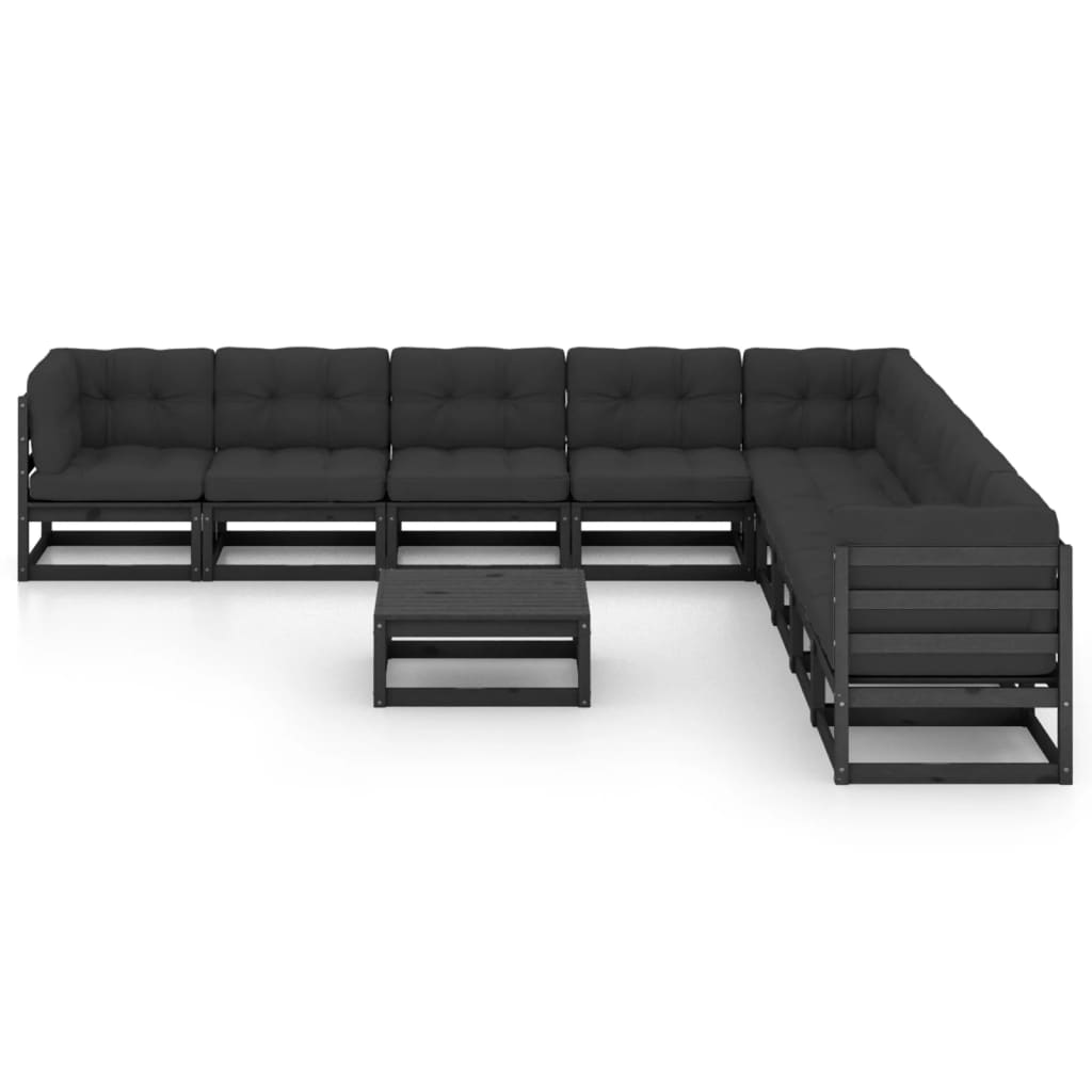 10-tlg. Garten-Lounge-Set mit Kissen Schwarz Kiefer Massivholz