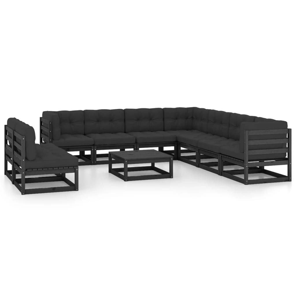 10-tlg. Garten-Lounge-Set mit Kissen Schwarz Kiefer Massivholz