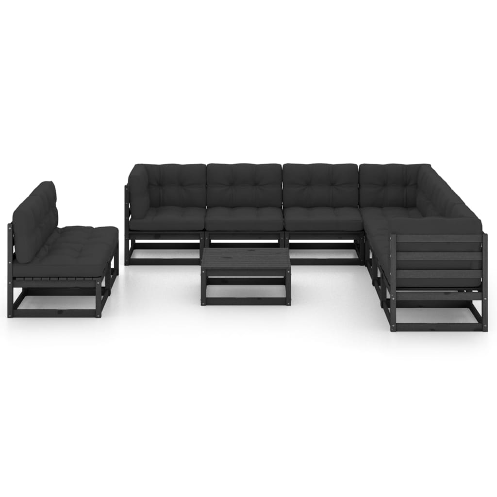10-tlg. Garten-Lounge-Set mit Kissen Schwarz Kiefer Massivholz
