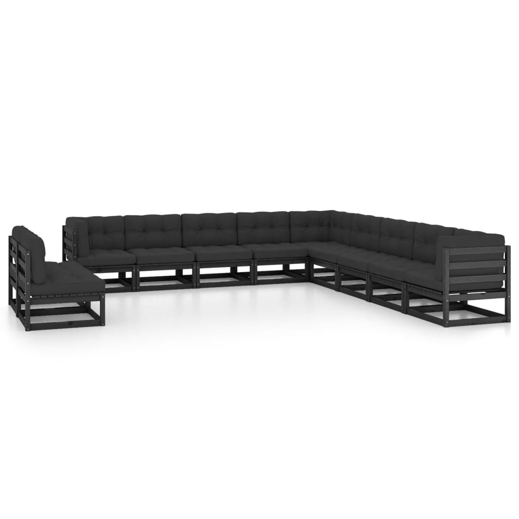 11-tlg. Garten-Lounge-Set mit Kissen Schwarz Massivholz Kiefer