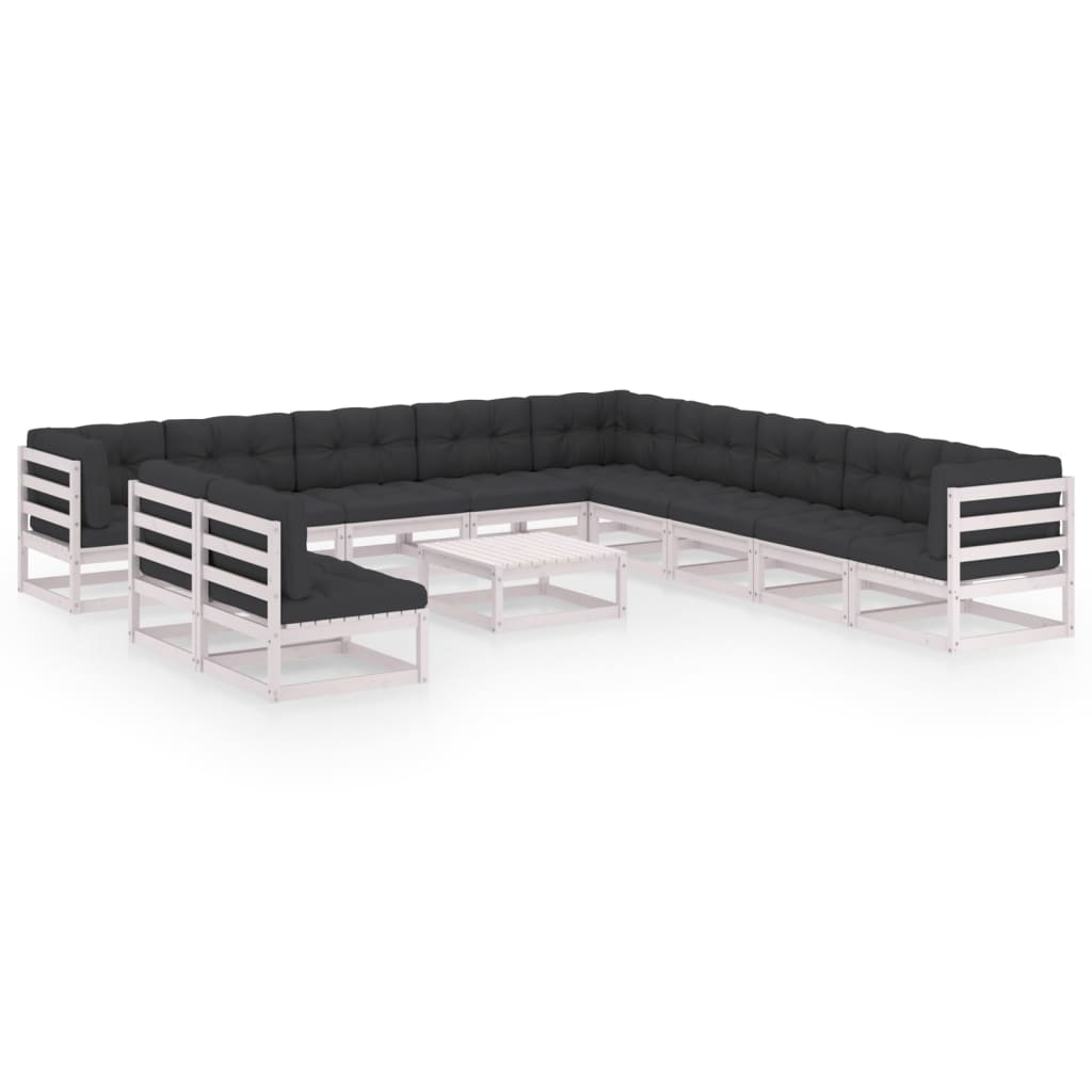 12-tlg. Garten-Lounge-Set mit Kissen Weiß Kiefer Massivholz