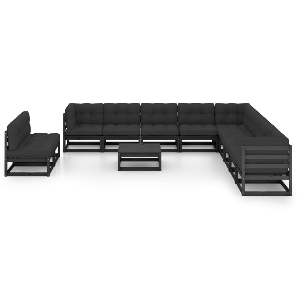 12-tlg. Garten-Lounge-Set mit Kissen Schwarz Kiefer Massivholz