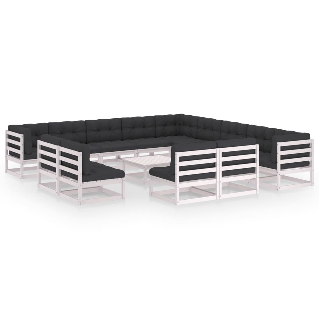 14-tlg. Garten-Lounge-Set mit Kissen Weiß Kiefer Massivholz